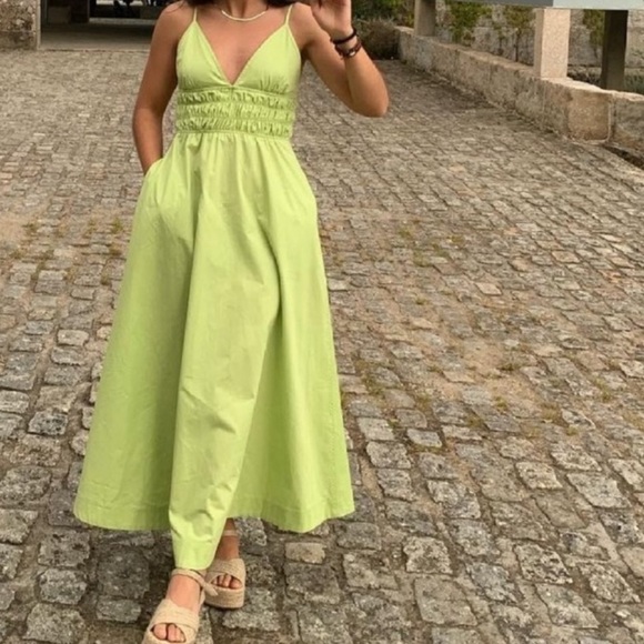 zara poplin dress green Simple A Line V Neck Green Satin Long Prom Dress, V Neck Green Formal –  abcprom